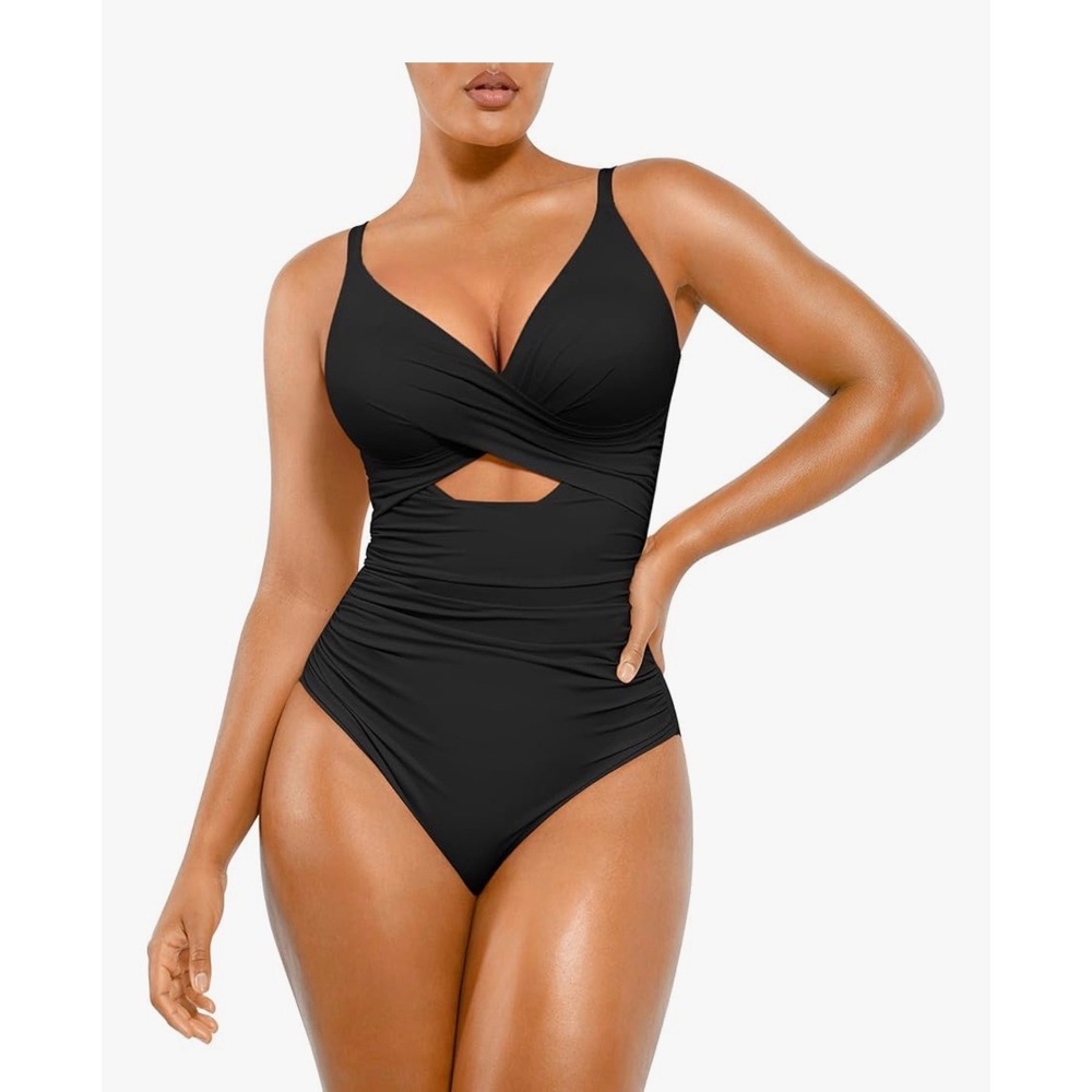 NEW Shapellx Black Twist Front Cutout Front One Piece Swimsuit Shapewear XXL